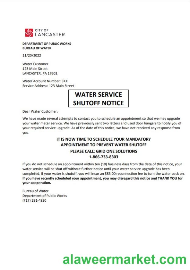 USA Lancaster Water service utility bill shutoff notice, Word and PDF template